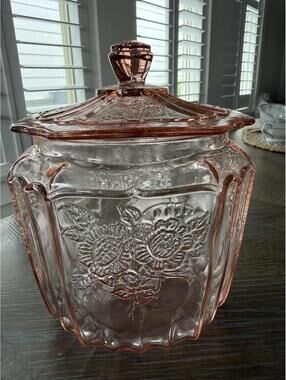 Depression Glass Cookie Jar With Lid Pink Mayfair Anchor Hocking Circa 1930s